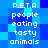 Pixelated blue displays repeated text blocks reading P.E.T.A people eating tasty animals in white pixel font across multiple