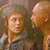 Two figures in a pixelated style, one with light brown hair and the other bald, facing each other in close proximity.