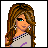 Pixel art buddy icon featuring a female character with long brown hair and blue eyes on the left, paired with stylized text on pink backgrounds to the right and below.