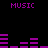 Purple pixelated text and bar graphs on a black background with repeated 'MUSIC' labels.