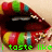 A close-up of lips with colorful candy stripes, showing text changes from 'i taste like' to 'CANDY!' and 'so kiss me' in green pixelated font.