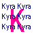 Pixelated blue text "Kyra" repeated six times in a 3x2 grid, overlaid with a large pink diagonal 'X' spanning the center.