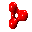 Red 3D molecular model with five spheres connected by bonds, rotating through multiple angles against a gray background.