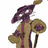 Pixelated character with purple head and beige body holding a staff, next to yellow background with green text.