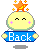 A 4-frame animated contact sheet showing a yellow cartoon character with pink cheeks holding a blue sign that reads "Back" in white text, with an orange star on its head that alternates between glowing and non-glowing states across frames.