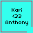 Four cyan square with red borders display "Kari <33 Anthony" text; one has a red heart, another a red starburst symbol