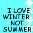 Pixelated text on cyan background with white star shapes, repeating 'I LOVE WINTER NOT SUMMER' in four identical