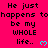 A static digital image with bright pink background displaying repeated text "He just happens to be my WHOLE life.." and cyan heart symbols.