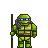 Pixel art of a green turtle-like figure with purple mask holding a staff, wearing yellow and brown armor on a gray background.