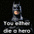 Batman and Joker characters in a four- with overlaid text about hero/villain roles