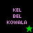 Pixelated text 'KEL BEL KOWALA' in pink on black and green backgrounds with a green star and black star icon.