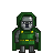Pixel art character with green hooded cloak, yellow chest accents, and gray metallic faceplate against plain light gray background.