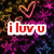 Pixelated red text on a dark, colorful background with heart outlines; the right side shows additional text changes.