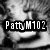 Black-and-white pixelated image with text overlays: 'PattyM102' over a face, 'lowes' on a black background, and 'Eminem' over another face.