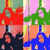 Animated sequence showing a figure with long dark hair in two color variations (red and green) against a pink background, alternating with blue-toned versions of the same pose.