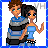 A 3x3 contact sheet of an animated AIM buddy icon featuring pixel art characters and text panels, with a blue grid border and gray background in the final frame.