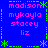 Blue background with green border elements and pink text listing names in four quadrants.