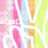 Pixelated abstract composition with vertical color bands in pink, light blue, orange, and lime green separated by white lines.