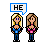 Two pixelated girls in blue tops and pink undershirts stand side-by-side against a gray background, with speech bubbles displaying text like "HE IS SO HOT" and "OMG SHUT UP!".
