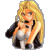 Pixelated static image of a cartoon woman with long blonde hair wearing a white bikini top and black shorts, holding a microphone against a gray background.