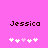 Pixelated text 'Jessica' above two of white and pink plus signs on a solid pink background