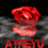 Red rose with smoke effect above dark background, text fragments in pixelated white and red on maroon