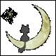 A black cat silhouette sits on a crescent moon with a starry cluster above, displayed in six color variations including yellow, green, blue, purple, pink, and beige.