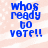 Blue pixelated text "whos ready to vote!!" on a light pink and white striped background with scattered white dots.