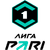 Pixelated icon with a black hexagonal shape containing a white number '1', surrounded by cyan curved accents, with stylized text below on a gray background.
