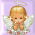 Pixelated angel icon with blonde hair, white wings, and a halo on light purple background; hands clasped in prayer pose.