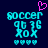 Pixelated cyan text 'soccer' above '96 36' and 'XOX' with four cyan hearts below, a pink heart above on dark blue background.