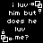 Pixelated white text on black background reads "i luv him but does he luv me?" with small square-and-dot symbols at corners, animated to shift positions across frames.