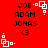 Red background with black text "JOE ADAM JONAS <3" and white pixelated square patterns in four corners.