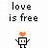 Pixelated robot icon with heart-shaped head, alternating between orange, cyan, and red hearts across showing text 'love is free' or '(gay too)' below