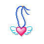 Six pixelated heart-shaped icons with wings and blue strings, arranged in two of three on a gray background