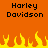 Pixelated orange background with black text 'Harley Davidson' repeated twice and yellow-orange flames at the bottom.