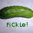 A pixelated green pickle on a light gray background with green text reading "PiCkLe!" below it.