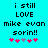 Pixelated cyan background with black text reading "i still LOVE mike evan sorin!!" and five pink/purple heart icons, two versions of the same layout side-by-side.