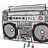 A pixelated boombox with two large speakers, pink control buttons, and a green-and-purple base detail.