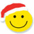 Yellow circular face with black dot eyes and curved smile wearing red Santa hat on white background.