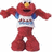 Red muppet character with yellow nose, blue shoulder patches, and white shirt with red text stands in two poses against white background.