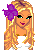 Pixel art of a blonde woman with green eyes, purple flower in hair, white top, and purple skirt; text below reads "Is you're heart still mine?" with two small flowers.