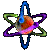 A four-pointed star-shaped icon with a central circular core, featuring shifting rainbow colors across its arms and center against a gray background.