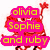 Red pixelated cartoon character with large eyes and a wide smile, surrounded by pink text boxes containing yellow letters.
