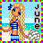 Pixelated beach scene with a blonde woman in blue striped swimsuit, holding a drink, standing on sand near water.
