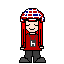 Pixel art character with red hair and Union Jack headscarf, wearing red shirt with white 'h' and dark pants, shown in multiple poses with one arm raised.
