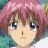 Anime-style character with short brown hair and pink highlights, light skin, blue eyes, and a neutral expression against a pixelated background.