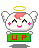 A 3x3 contact sheet of an animated pixel art icon featuring a white angelic character with pink cheeks, black eyes, and a yellow halo holding a green sign with red 'UP' text across multiple frames showing slight variations in the character's pose and the sign's lettering.