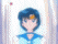 A Sailor Moon character in a blue sailor uniform with short dark hair and an orange crescent moon on her forehead, shown in multiple poses against a light blue background.