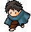 Pixel art character with brown hair and blue cloak in two poses, one walking forward with left foot extended, the other standing still.